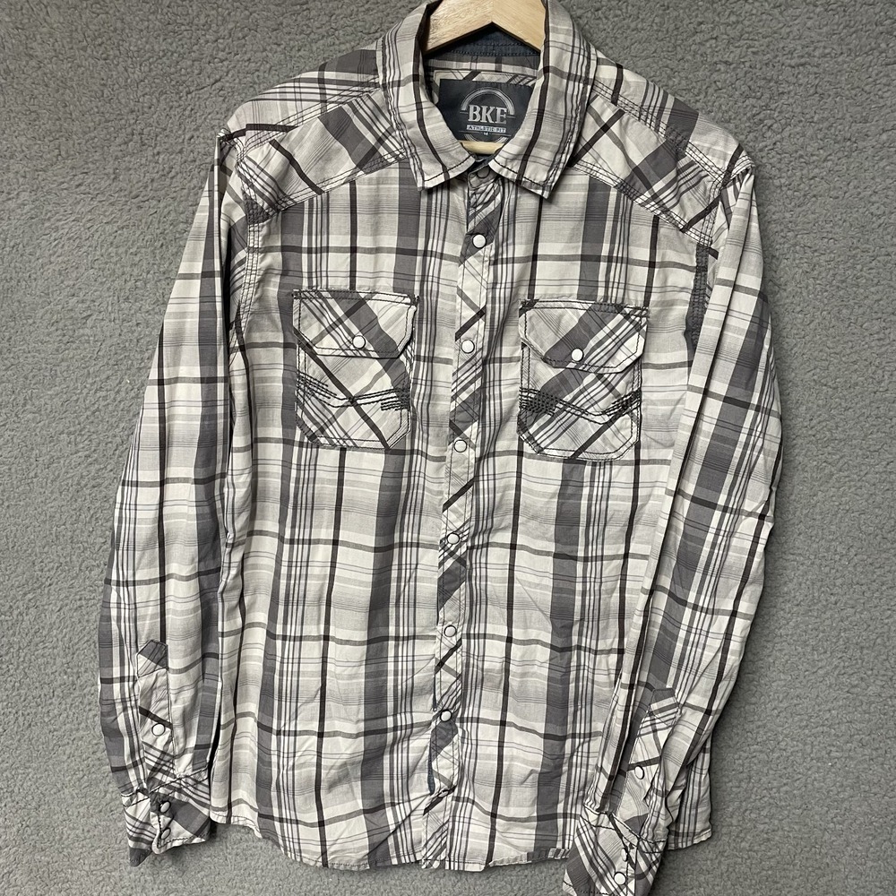 BKE Pearl Snap Shirt Mens M Gray Plaid Western Athletic Fit B2312 Long Sleeve